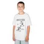 Young boy wearing a youth Gildan 5000B heavy cotton t-shirt in white with a Soccer text and graphic