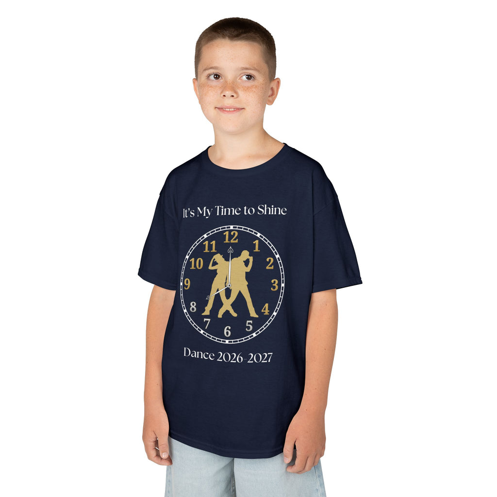 Young boy wearing a youth Gildan 5000B heavy cotton t-shirt in navy with an It's My Time to Shine Hip Hop 2026-2027 theme