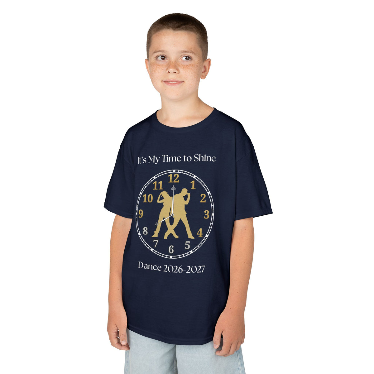 Young boy wearing a youth Gildan 5000B heavy cotton t-shirt in navy with an It's My Time to Shine Hip Hop 2026-2027 theme