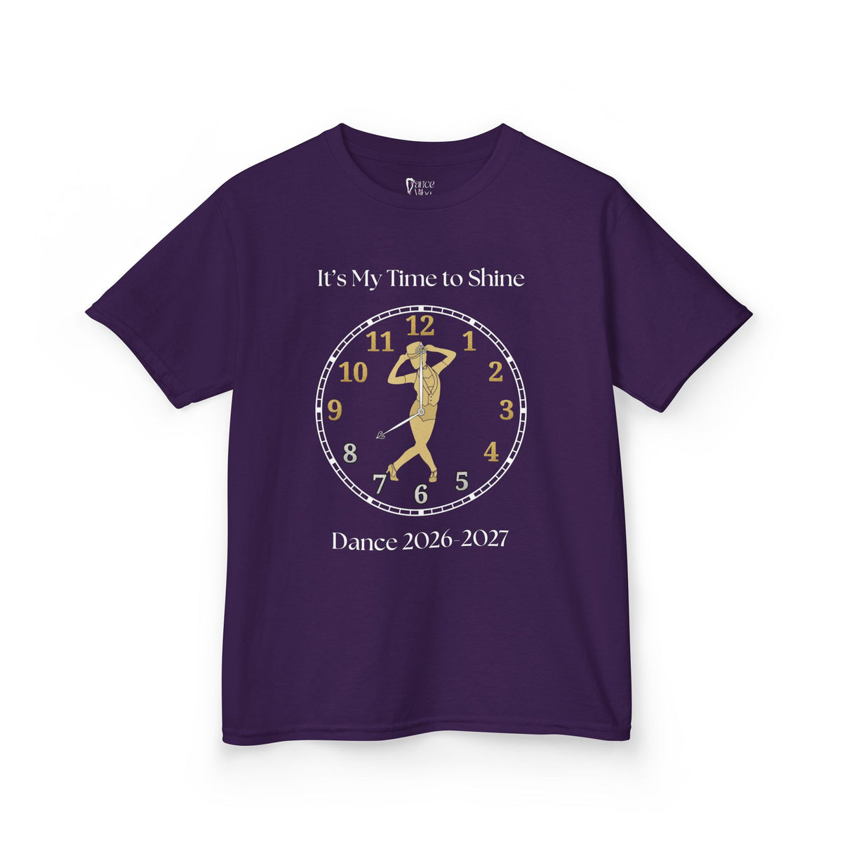 Front view of a youth Gildan 5000B heavy cotton t-shirt in purple with a Female Broadway Dancer 2026-2027 design