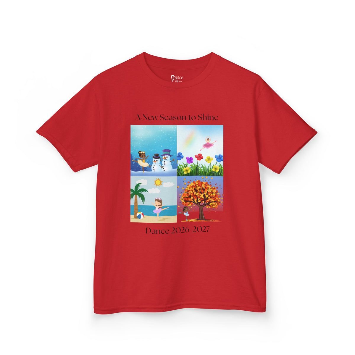 Front view of a youth Gildan 5000B heavy cotton t-shirt in red with an A New Season to Shine Dance 2026-2027 theme