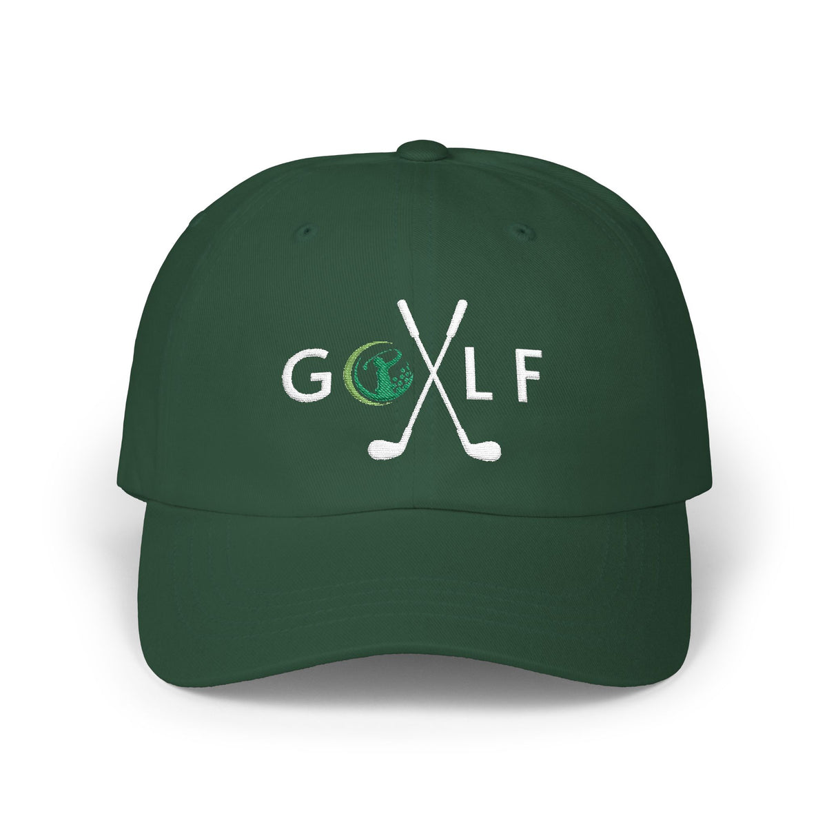 Spruce cap embroidered with a GOLF text and golf club design.