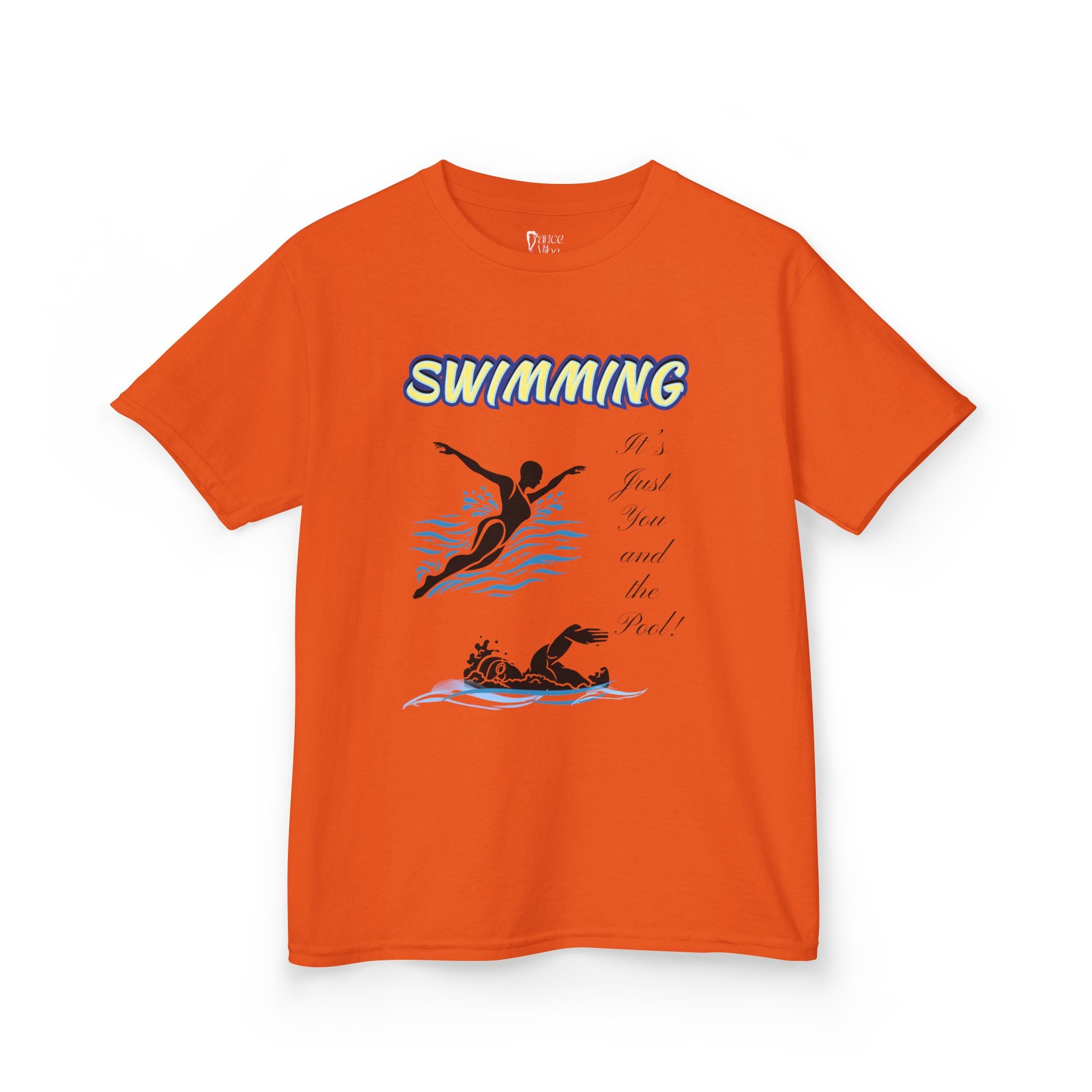 Front view of a youth Gildan 5000B heavy cotton t-shirt in orange with a Swimming text and graphic