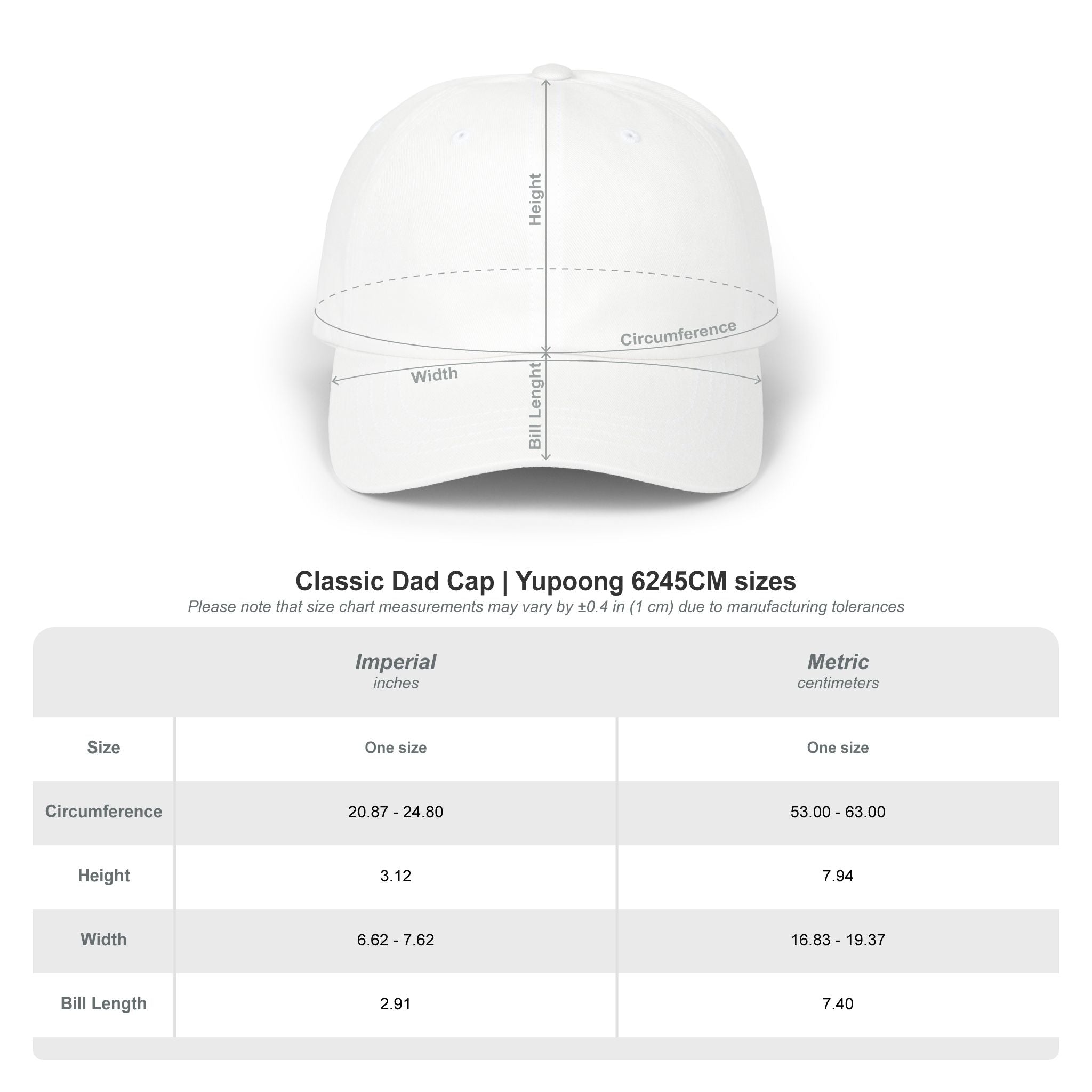 Classic Dad Cap Yupoong Size Chart