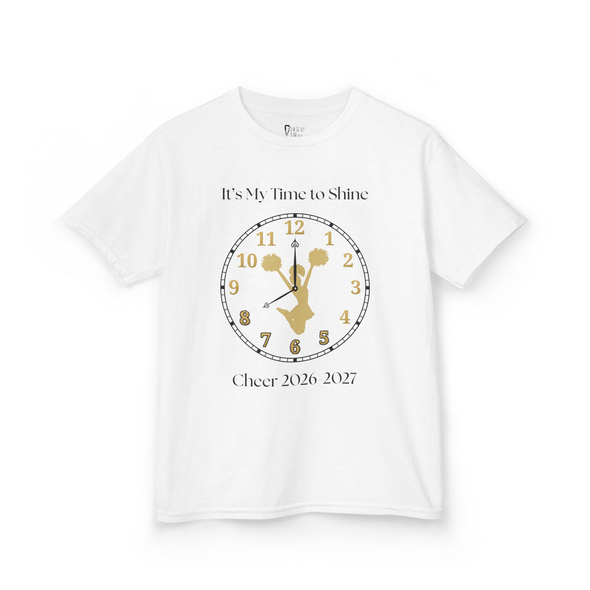 Front view of a youth Gildan 5000B heavy cotton t-shirt in white with an It's My Time to Shine Cheer 2026-2027 theme