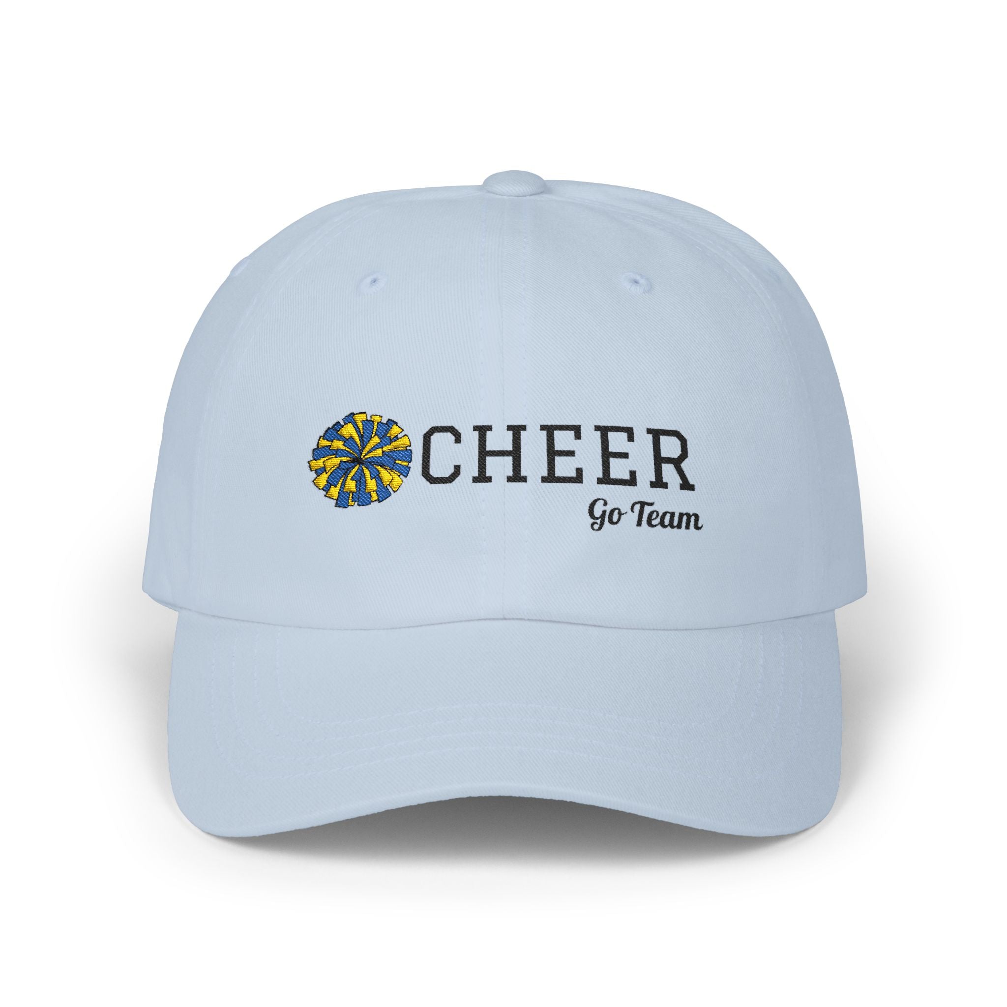 Light blue embroidered classic dad cap hat with a Cheer text and graphic Front view