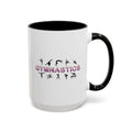 15oz white ceramic Gymnastics mug with black handle and interior Right handed view
