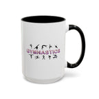15oz white ceramic Gymnastics mug with black handle and interior Right handed view