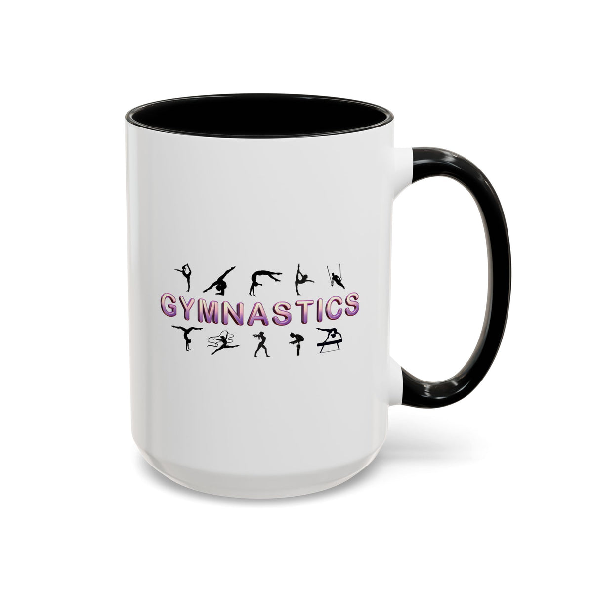 15oz white ceramic Gymnastics mug with black handle and interior Right handed view