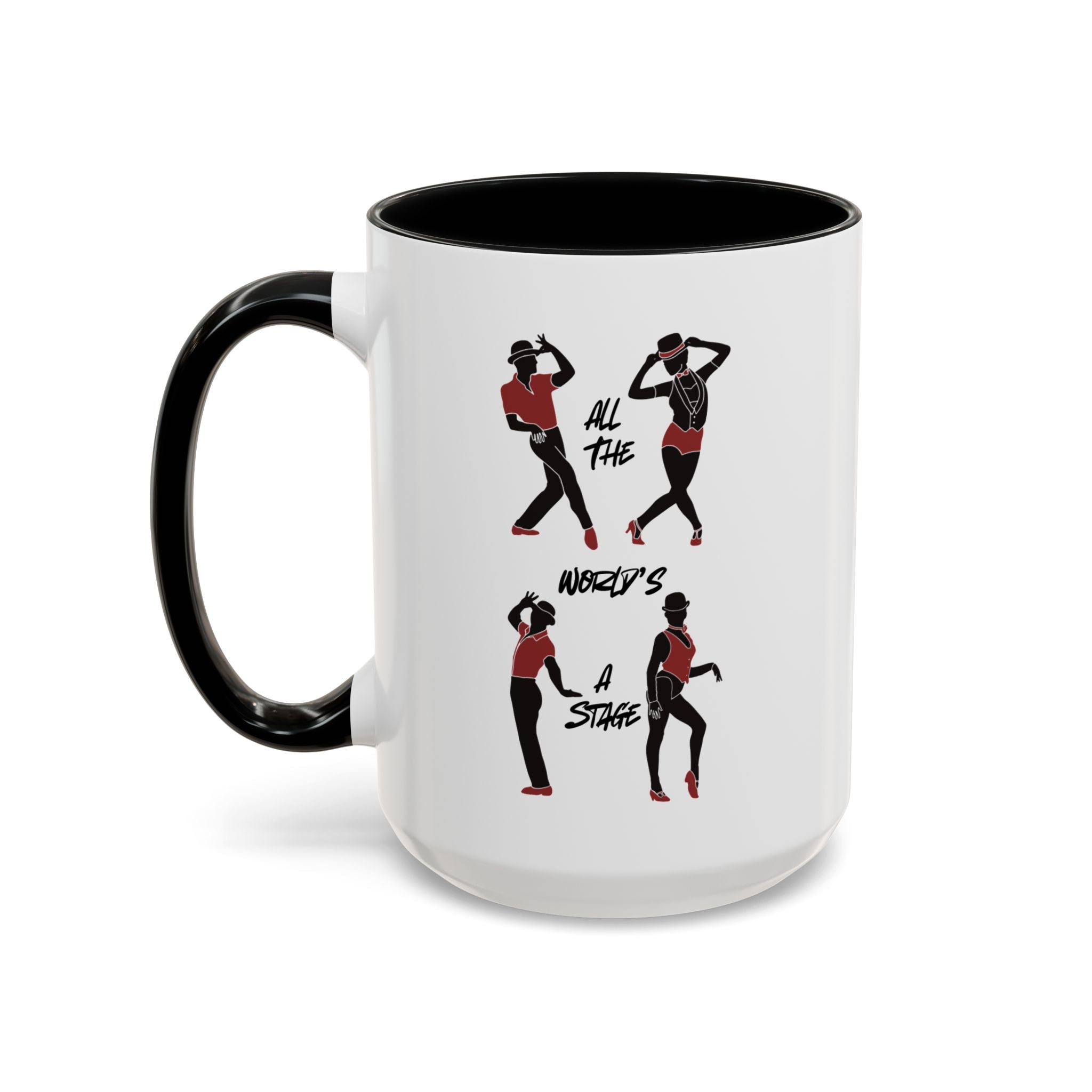 15oz white ceramic All The World's a Stage mug with black handle and interior Left handed view