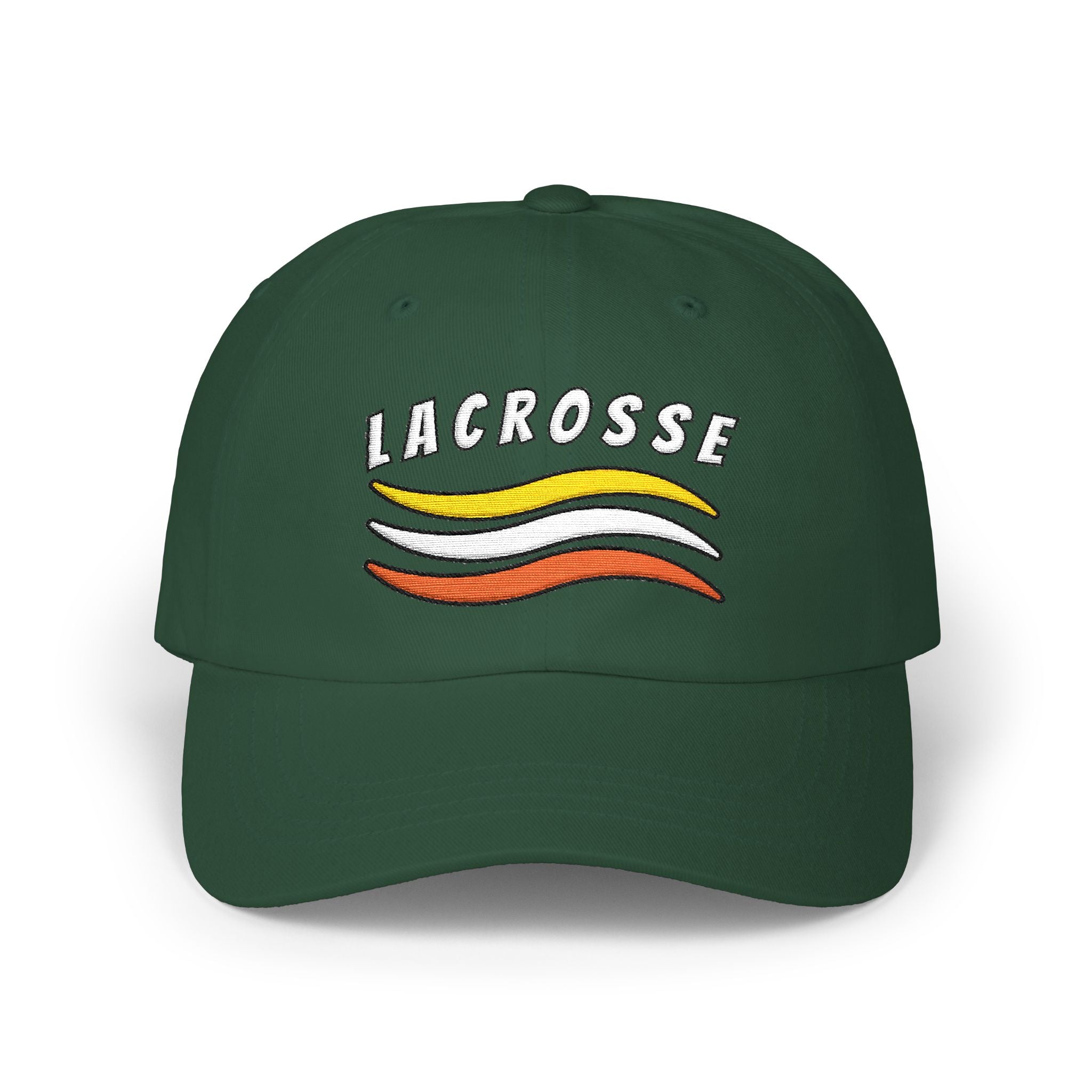 Spruce cap with a Lacrosse text and colorful design embroidered on the front. 