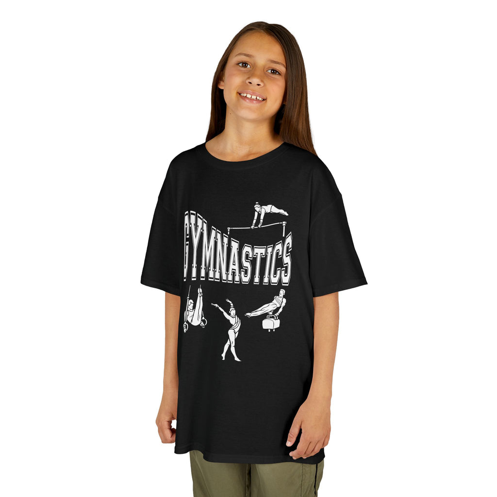 Young girl wearing a youth Gildan 5000B heavy cotton t-shirt in black with a gymnastics text and graphic