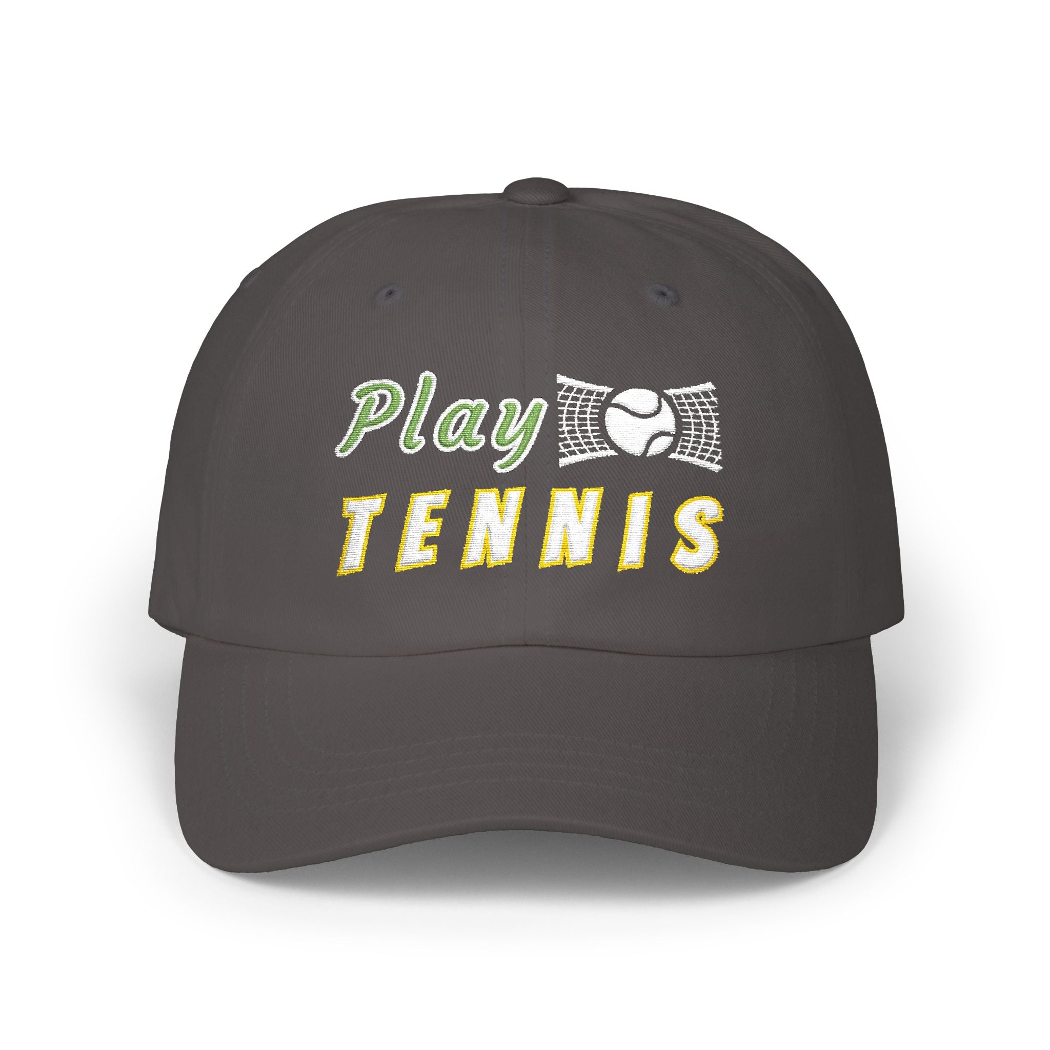 A dark grey baseball cap featuring the embroidered text Play TENNIS on the front. 