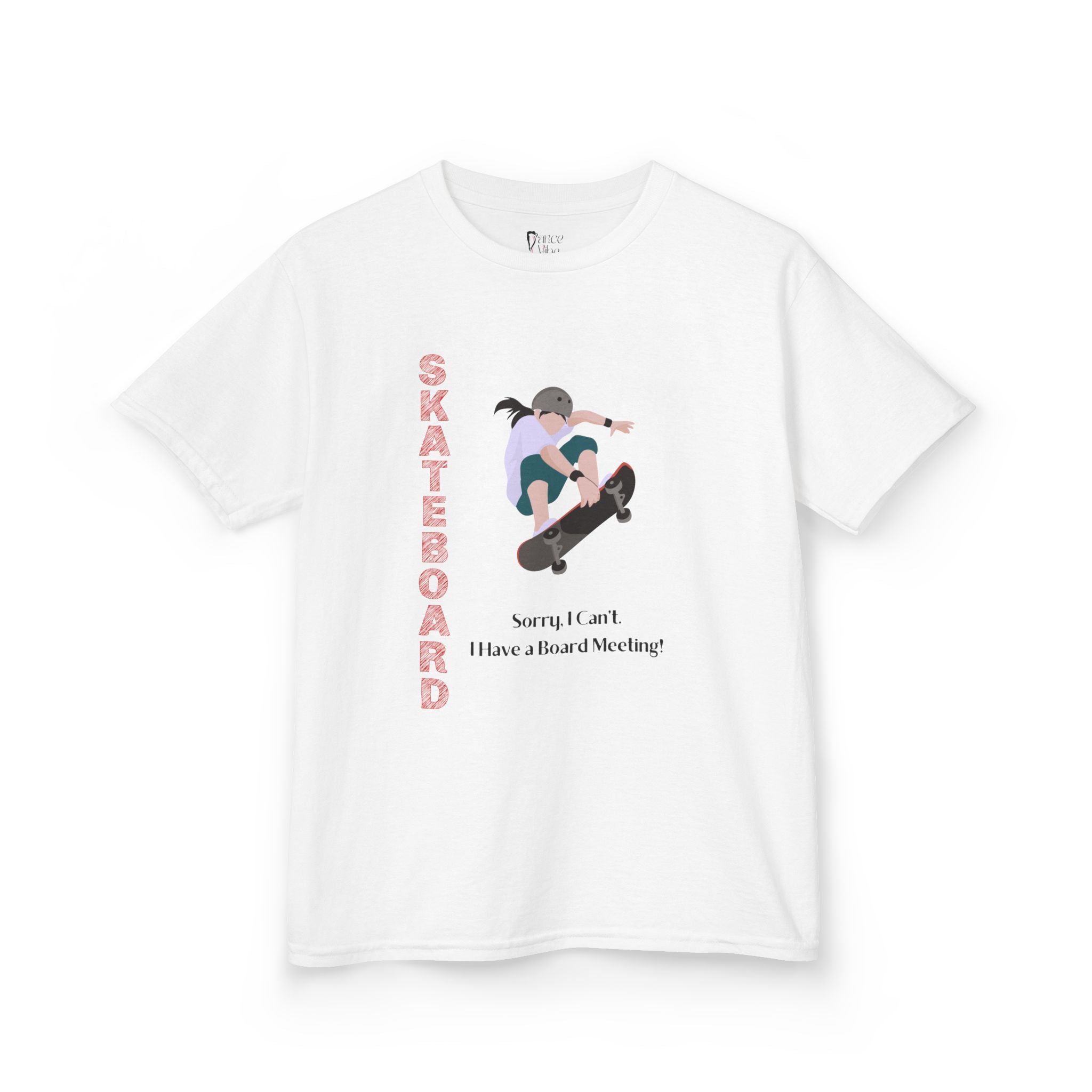 Front view of a youth Gildan 5000B heavy cotton t-shirt in white featuring a girl Skateboarding