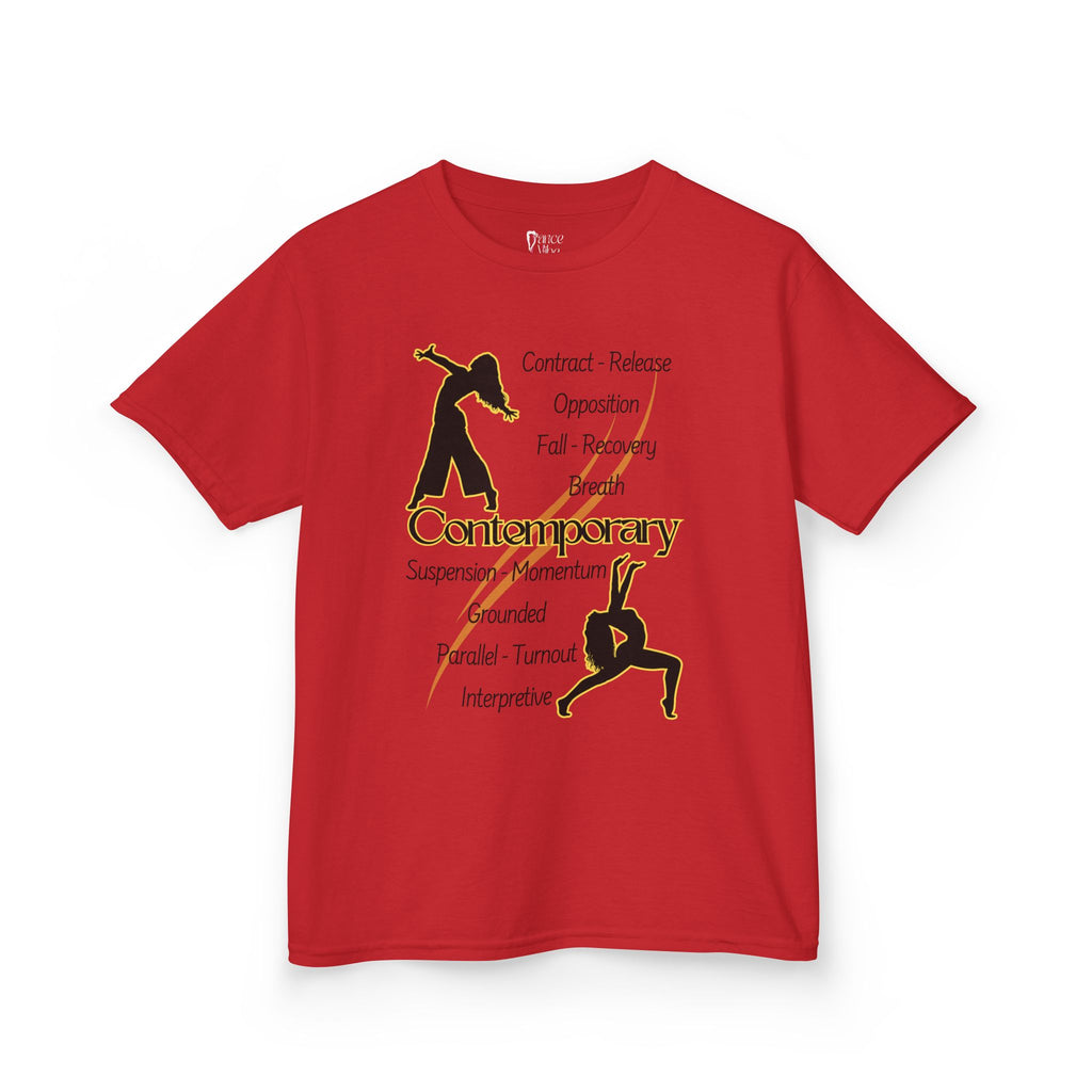 Front view of a youth Gildan 5000B heavy cotton t-shirt in red featuring Contemporary Dancers with text