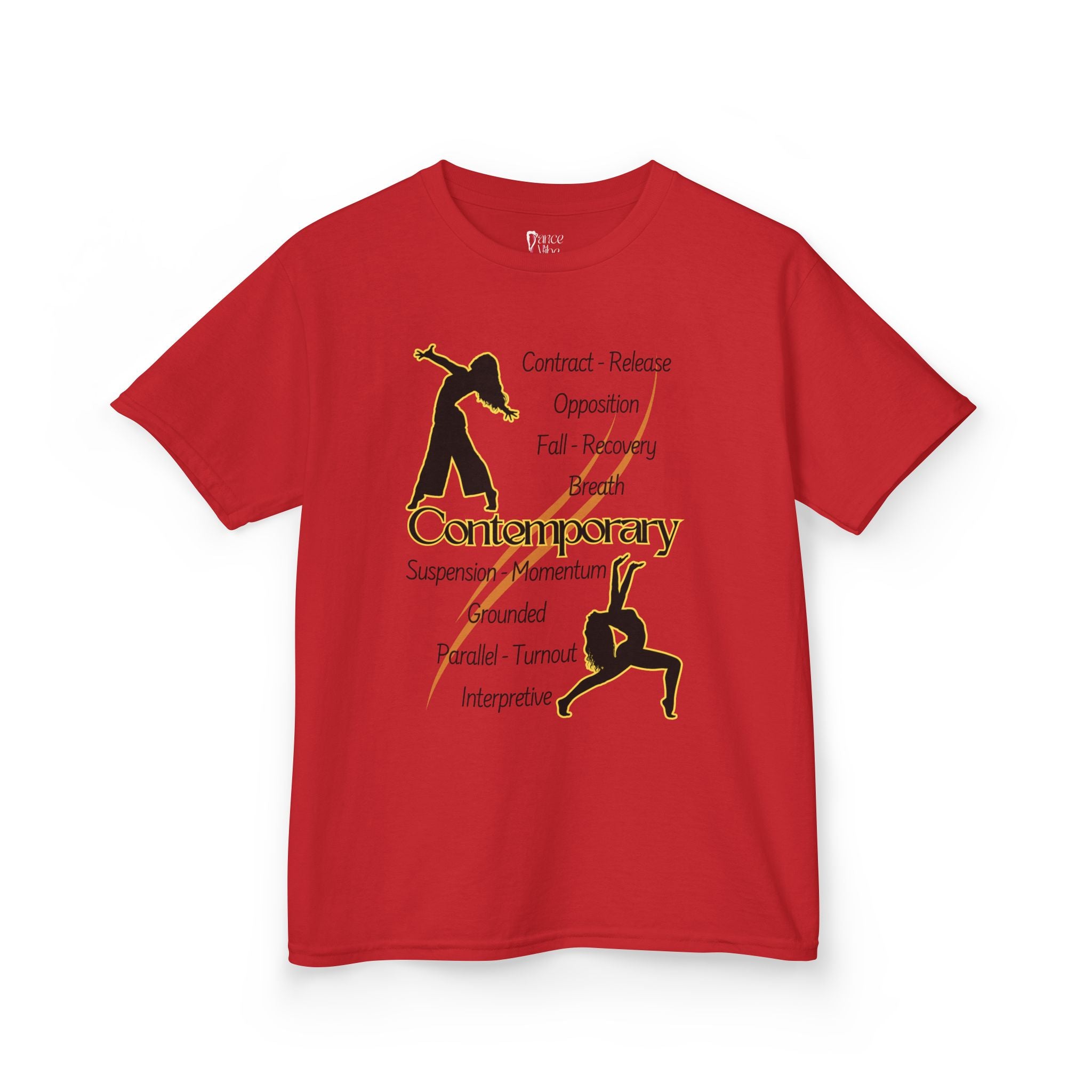 Front view of a youth Gildan 5000B heavy cotton t-shirt in red featuring Contemporary Dancers with text