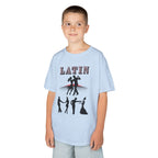 Young boy wearing a youth Gildan 5000B heavy cotton t-shirt in light blue with a Latin Dance Couples theme