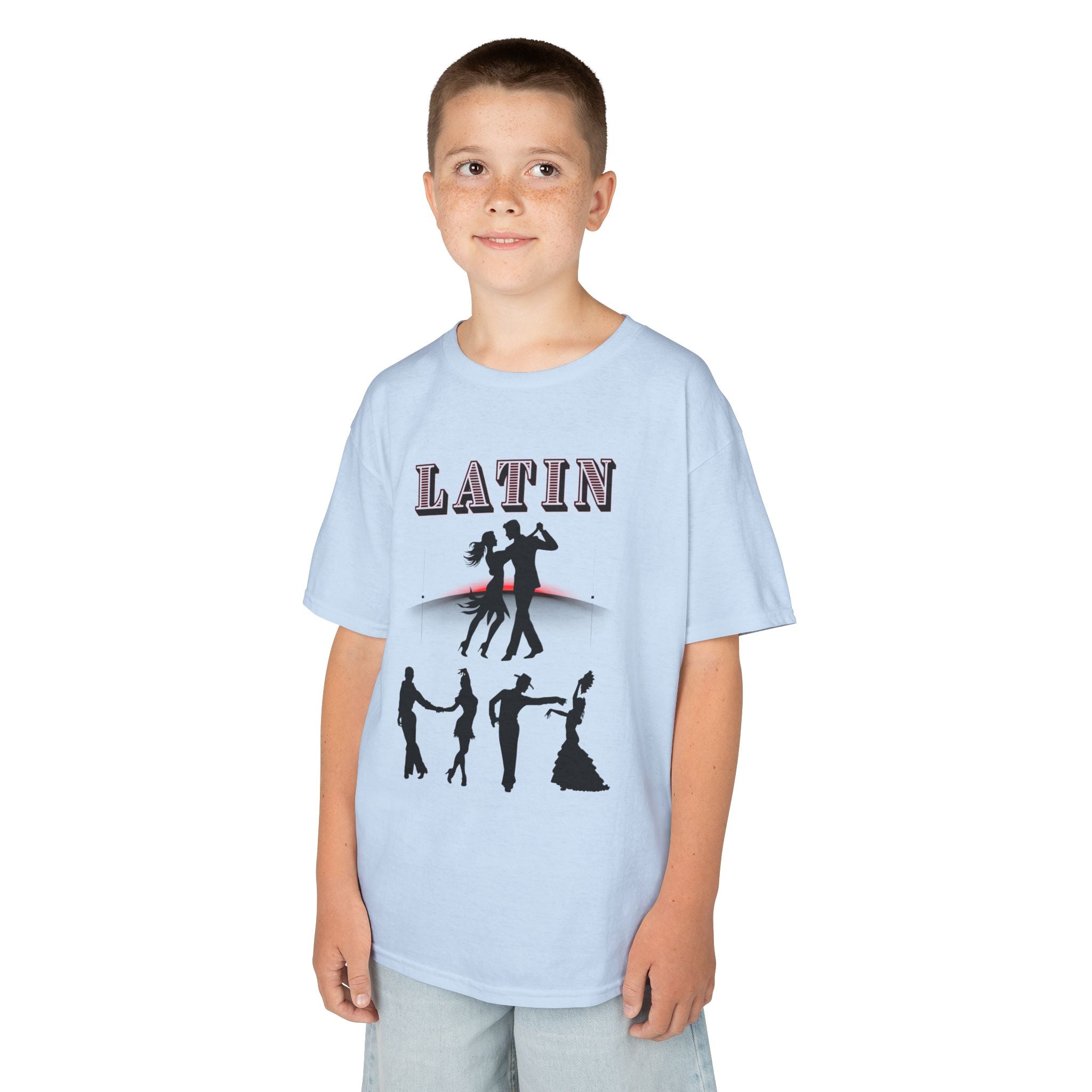 Young boy wearing a youth Gildan 5000B heavy cotton t-shirt in light blue with a Latin Dance Couples theme