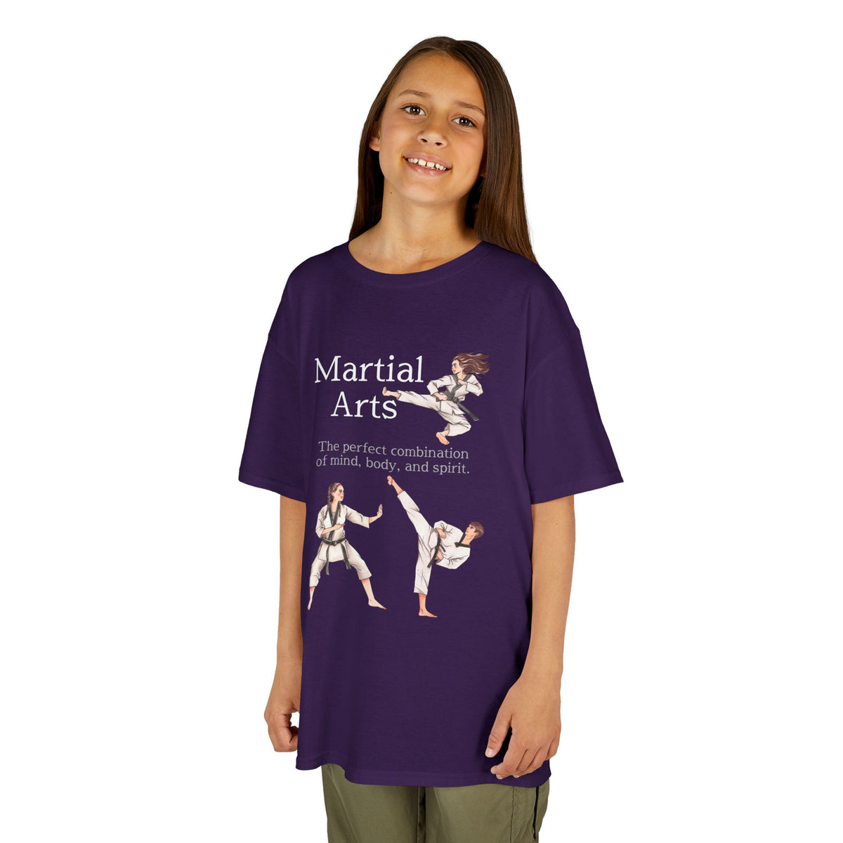 Young girl wearing a youth Gildan 5000B heavy cotton t-shirt in purple with a Martial Arts text and graphic