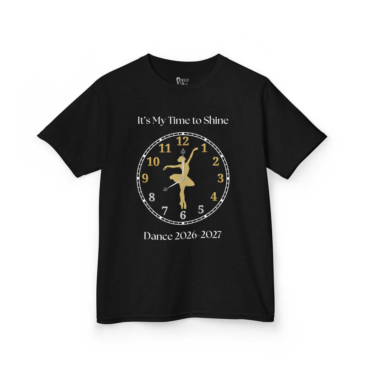 Front view of a youth Gildan 5000B heavy cotton t-shirt in black with a Ballet Dance 2026-2027 design