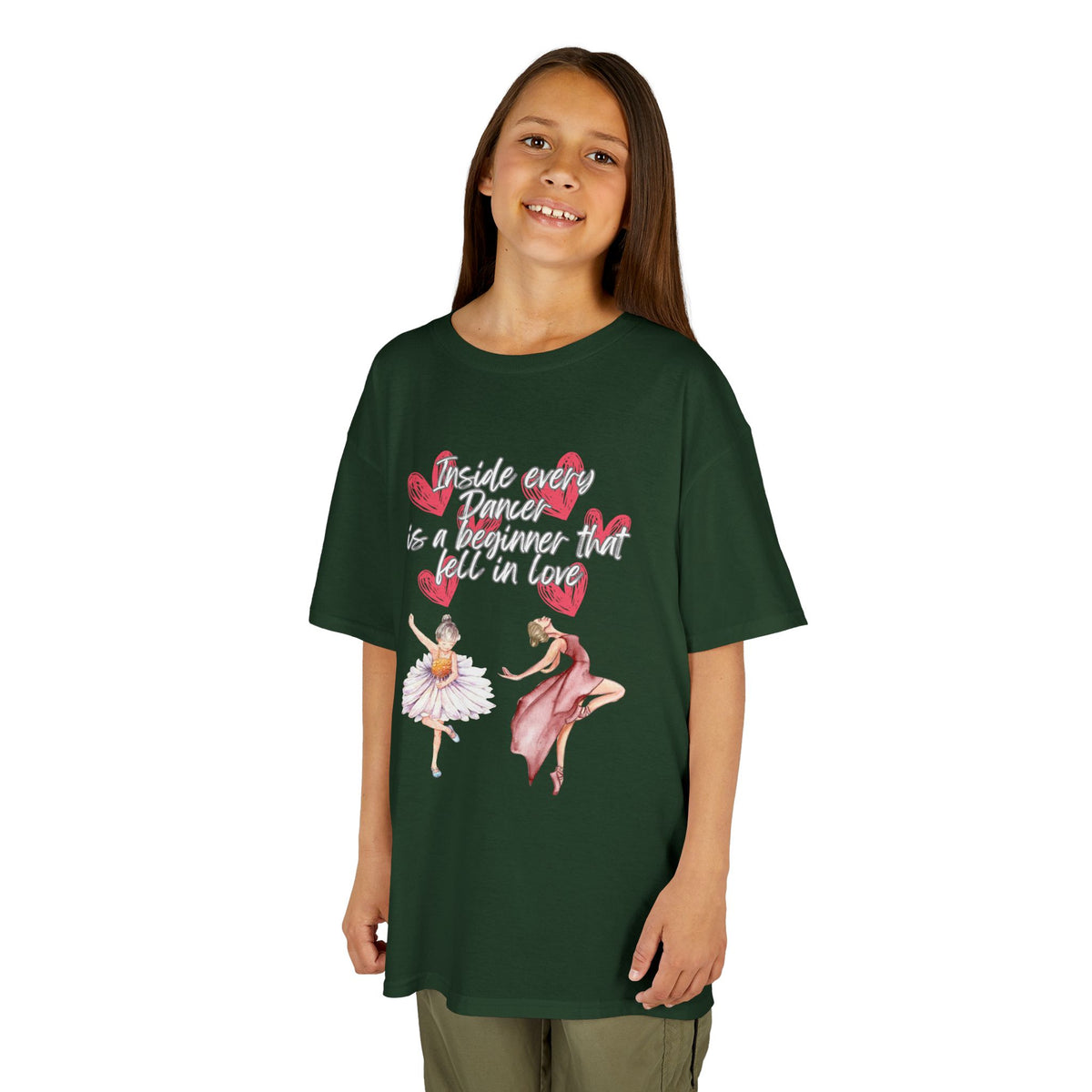 Young girl wearing a youth Gildan 5000B heavy cotton t-shirt in forest green with an Inside Every Dancer is a Beginner that Fell in Love theme