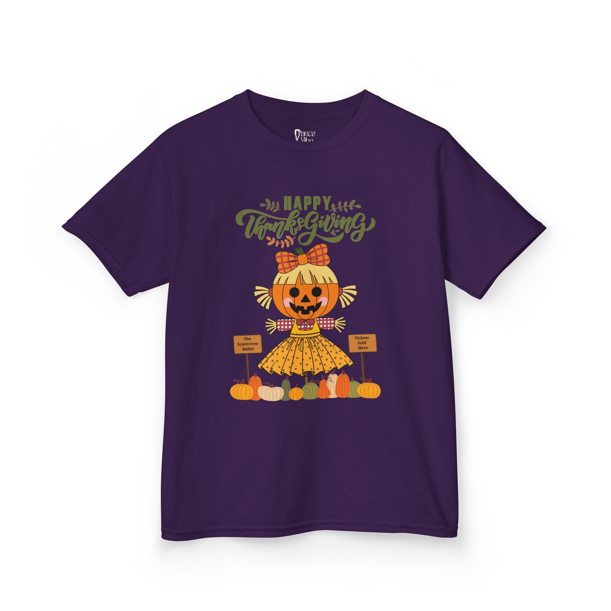 Kids purple Thanksgiving t-shirt with a scarecrow ballerina design and a Happy Thanksgiving text.