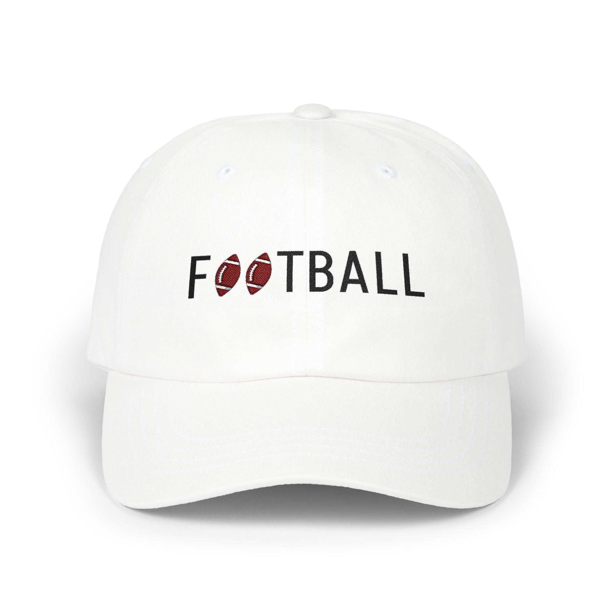 White embroidered classic dad cap hat with Football text and graphic Front view