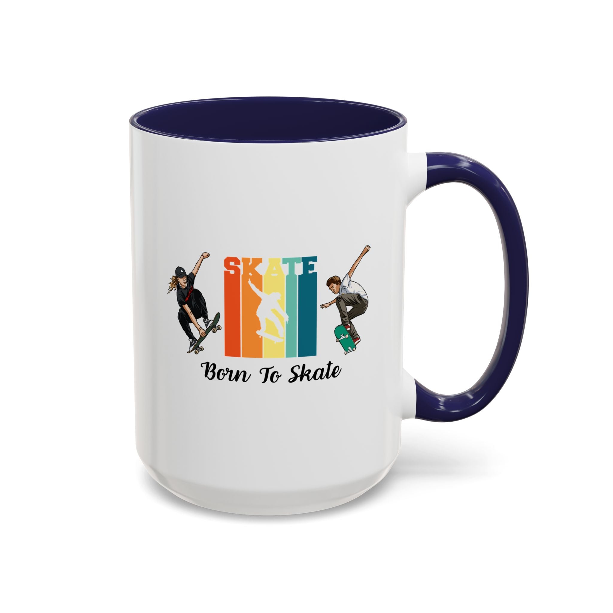 15oz white ceramic Born to Skate Skateboarding mug with navy handle and interior Right handed view