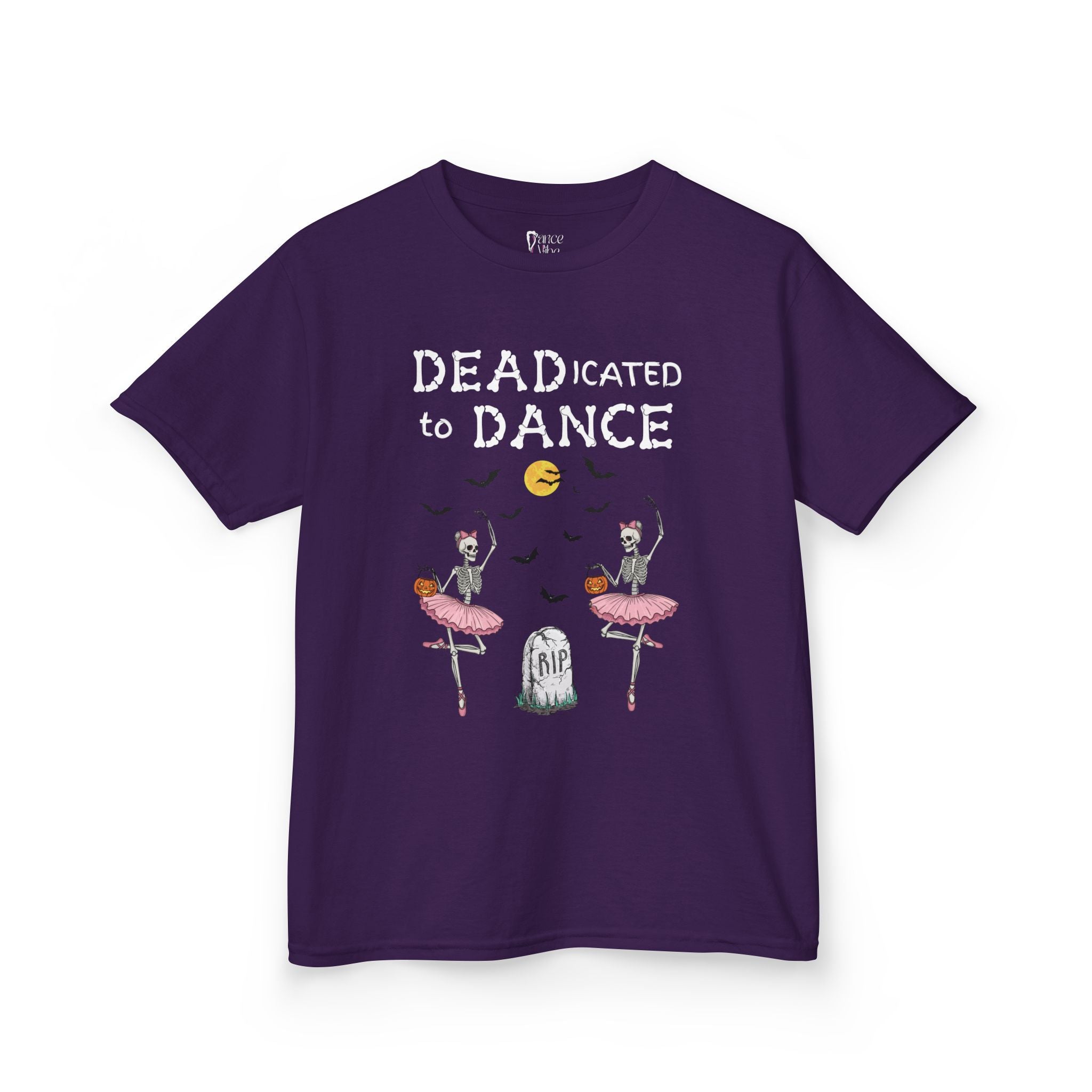 Front view of a youth Gildan 5000B heavy cotton t-shirt in purple with a Deadicated to Dance Halloween theme