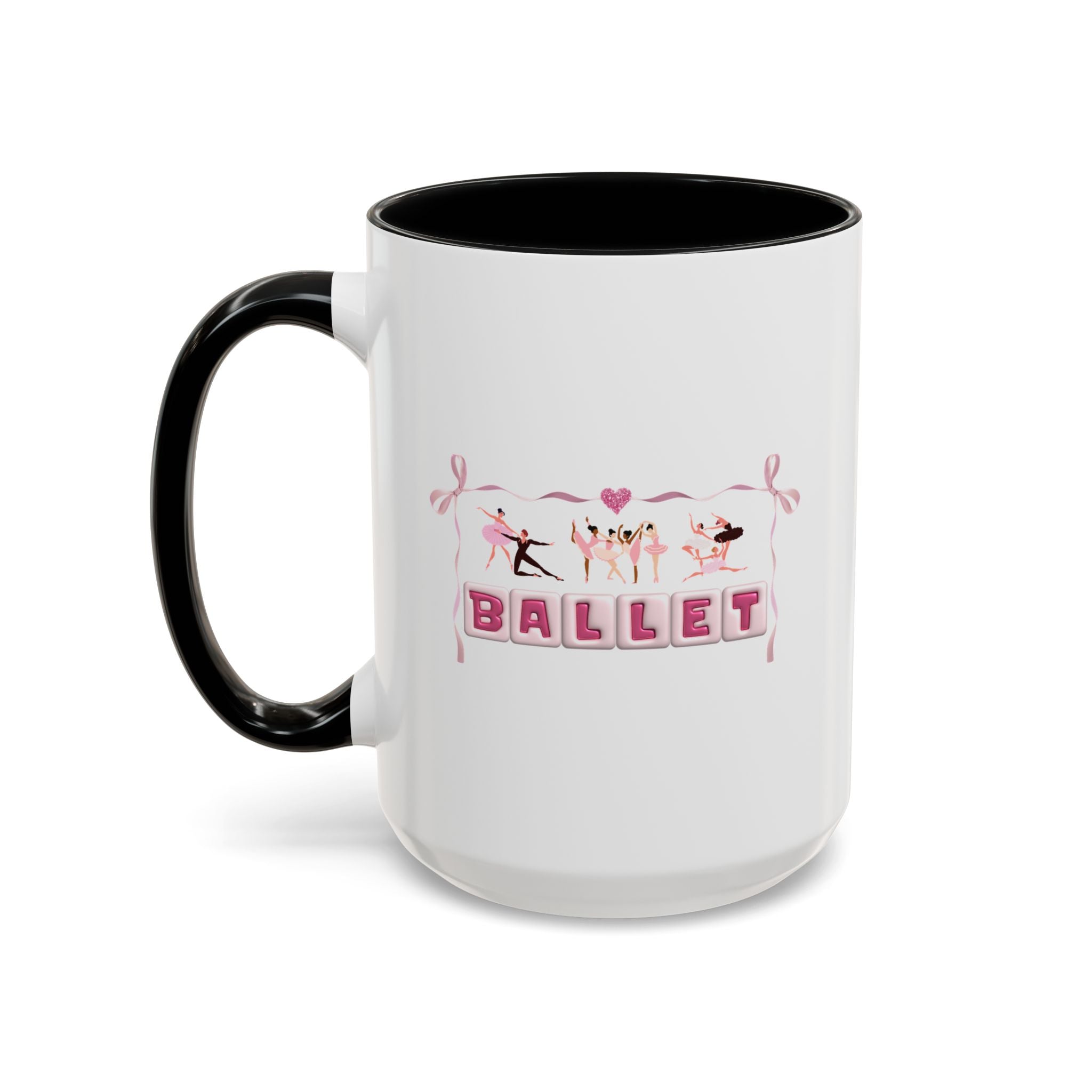 15oz white ceramic Ballet mug with black handle and interior Left handed view