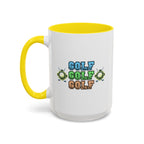 15oz white ceramic Golf mug with yellow handle and interior Left handed view