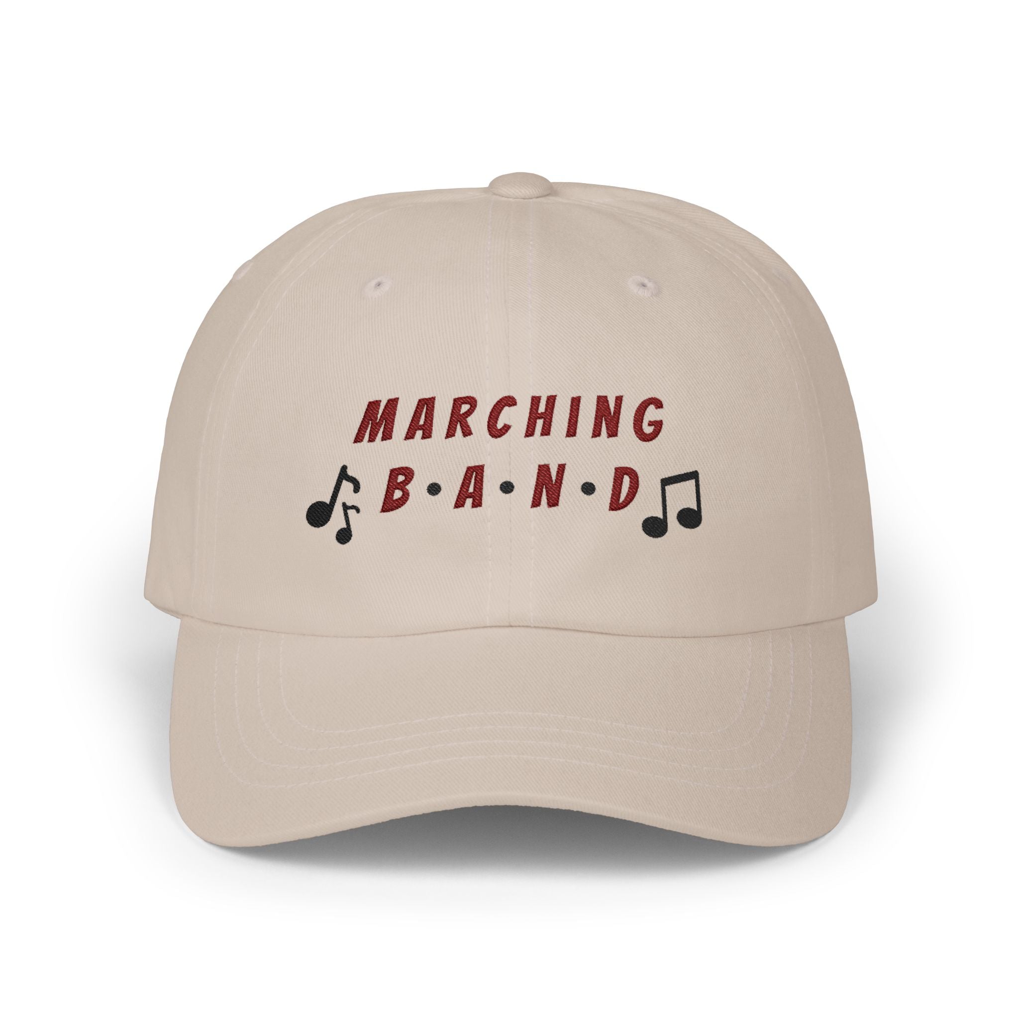 Stone embroidered classic dad cap hat with a Marching Band text and musical note graphic Front view