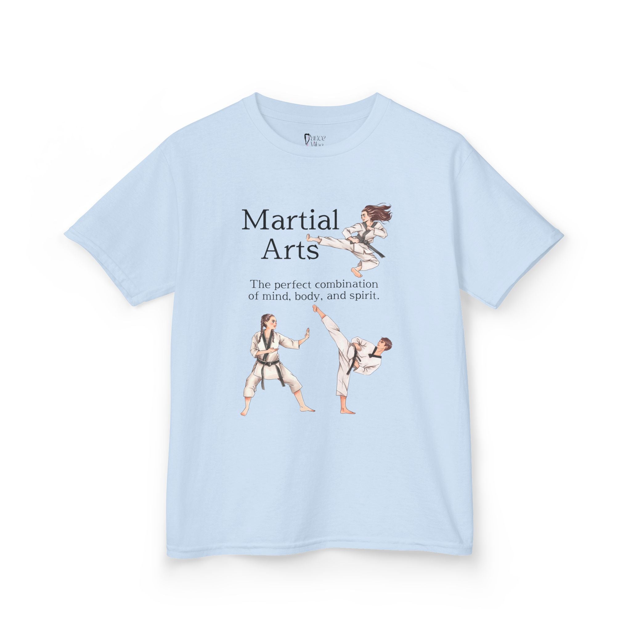Front view of a youth Gildan 5000B heavy cotton t-shirt in light blue with a Martial Arts text and graphic