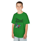 Young boy wearing a youth Gildan 5000B heavy cotton t-shirt in irish green with a Boys Lacrosse design