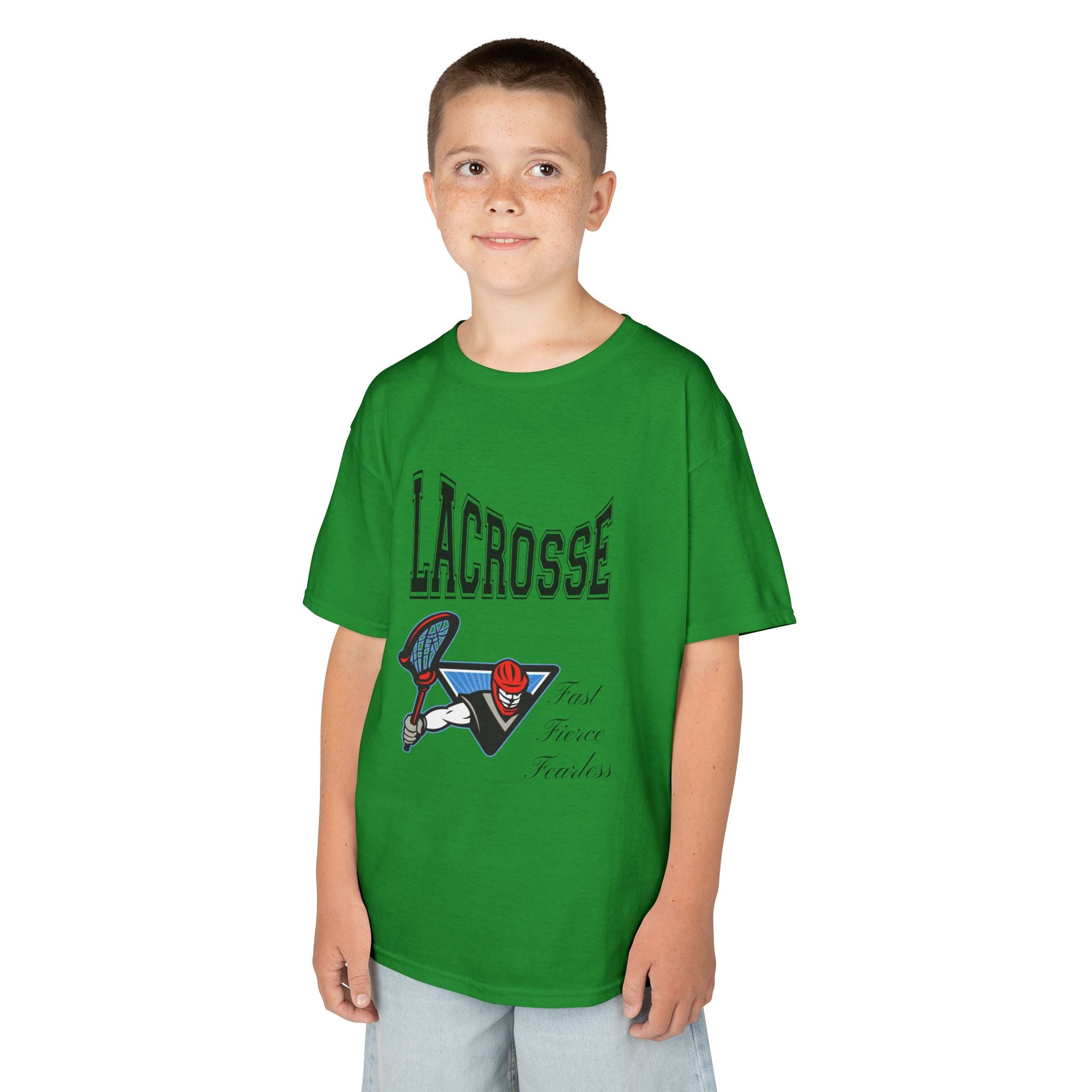 Young boy wearing a youth Gildan 5000B heavy cotton t-shirt in irish green with a Boys Lacrosse design