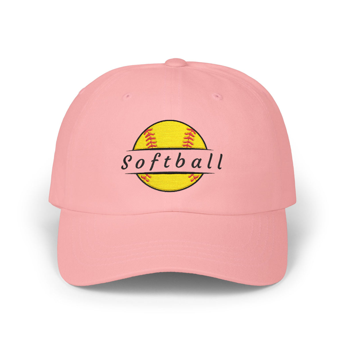 Pink embroidered classic dad cap hat with a Softball text and graphic Front view