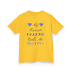 A daisy short-sleeve t-shirt with a graphic text print reading My Favorite Dancer Calls Me Brother.