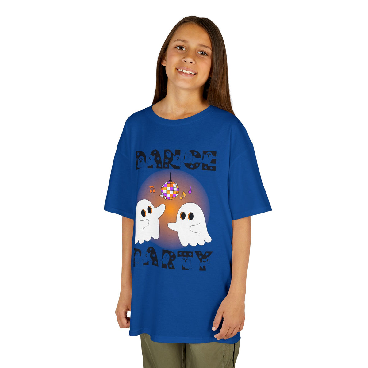 Young girl wearing a youth Gildan 5000B heavy cotton t-shirt in royal with a Halloween Dance Party theme