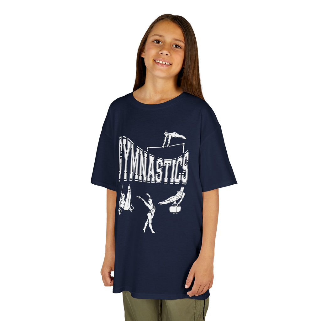 Young girl wearing a youth Gildan 5000B heavy cotton t-shirt in navy with a gymnastics text and graphic