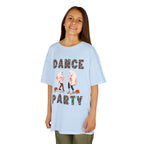Young girl wearing a youth Gildan 5000B heavy cotton t-shirt in light blue with a Halloween Dance Party theme