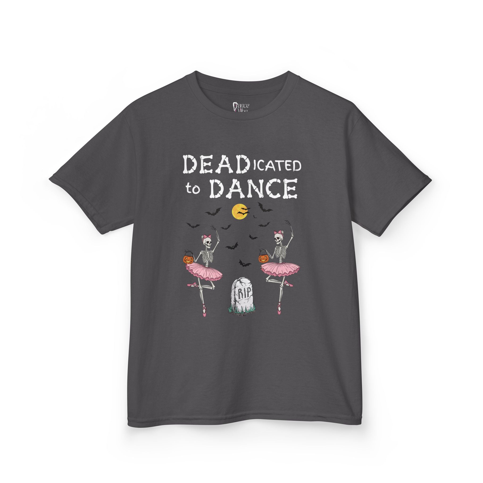 Front view of a youth Gildan 5000B heavy cotton t-shirt in charcoal with a Deadicated to Dance Halloween theme
