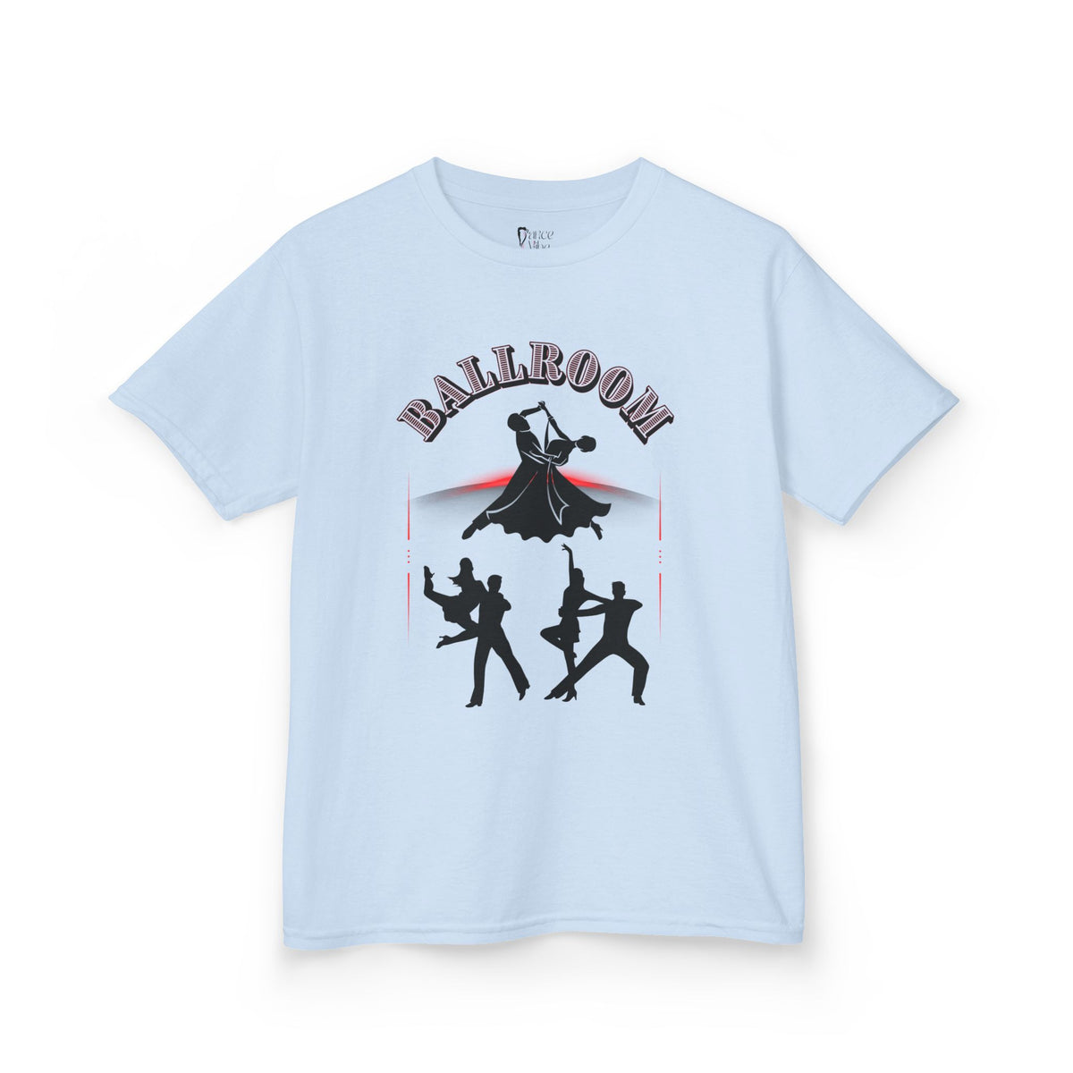 Front view of a youth Gildan 5000B heavy cotton t-shirt in light blue with a Ballroom Dance Couples theme