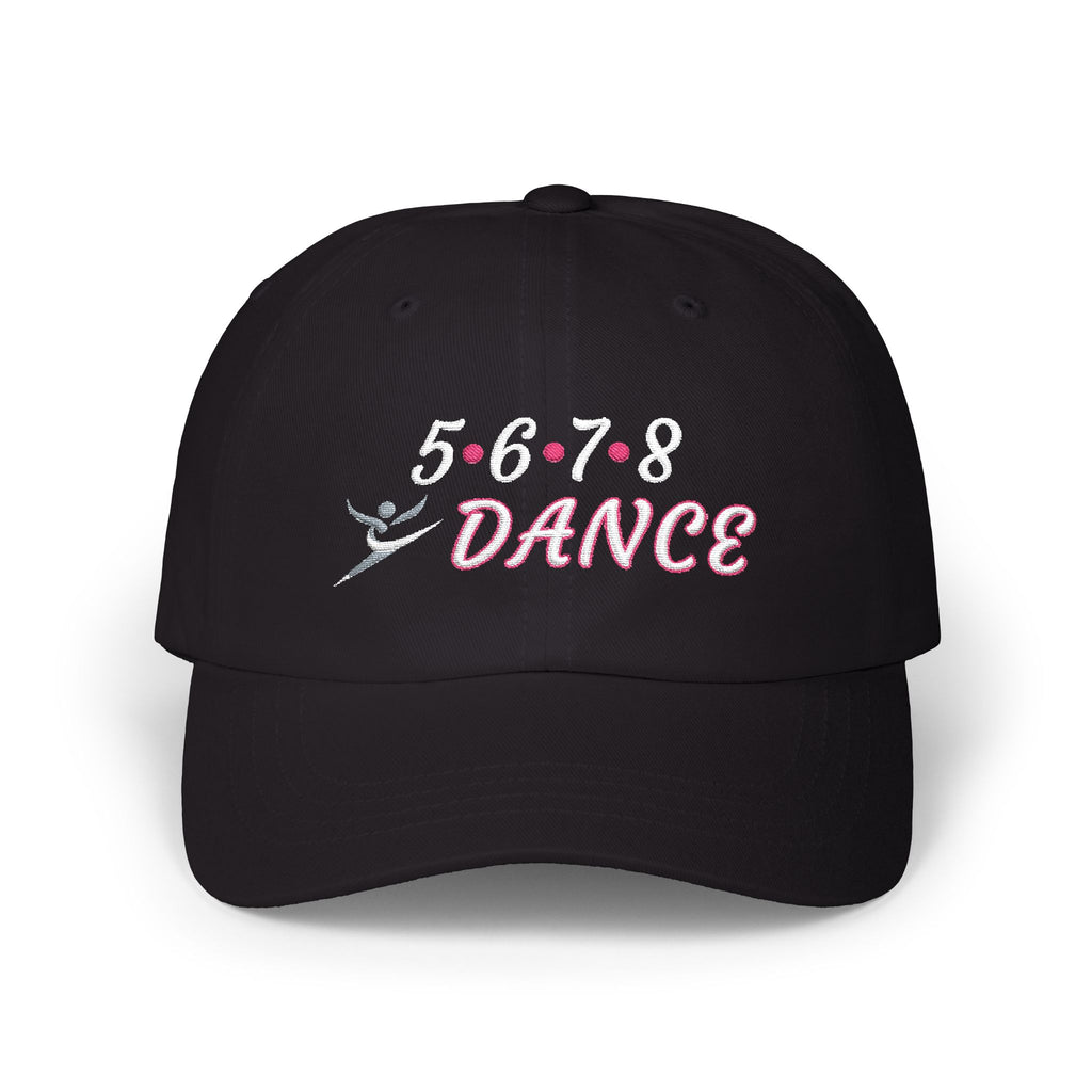A black baseball cap featuring the text 5-6-7-8 DANCE embroidered on the front, with a small dancer silhouette at the bottom.