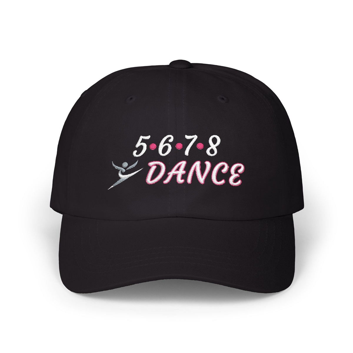 A black baseball cap featuring the text 5-6-7-8 DANCE embroidered on the front, with a small dancer silhouette at the bottom.