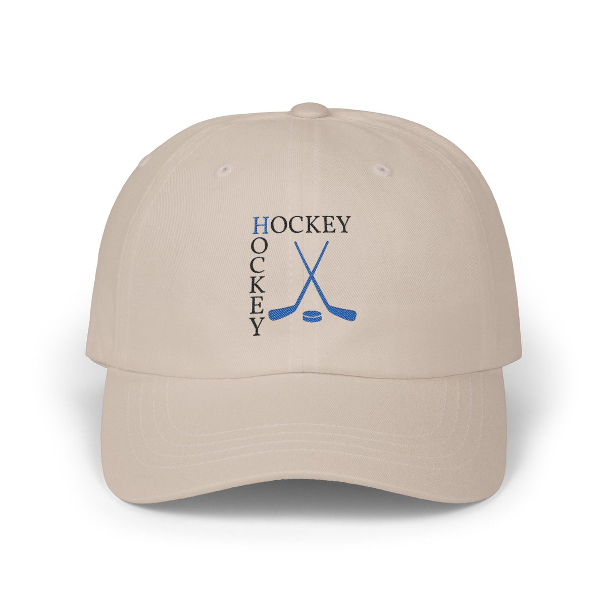 Stone embroidered classic dad cap hat with a Hockey text and graphic Front view