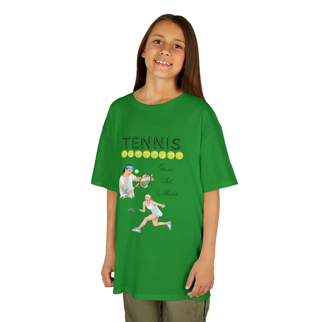 Young girl wearing a youth Gildan 5000B heavy cotton t-shirt in irish green with a Tennis text and graphic
