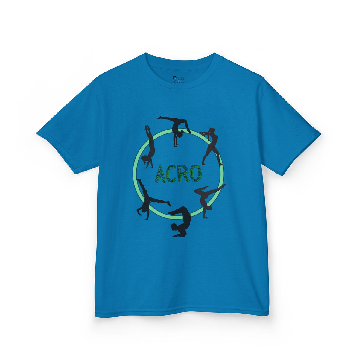 Front view of a youth Gildan 5000B heavy cotton t-shirt in sapphire with an Acro Gymnastics theme
