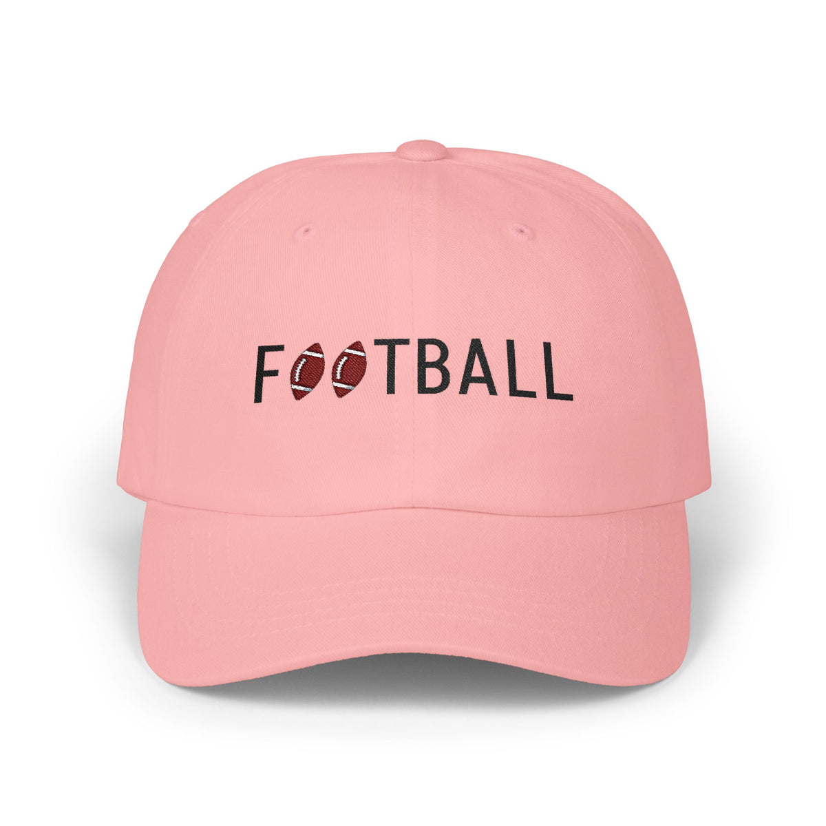 Pink embroidered classic dad cap hat with Football text and graphic Front view