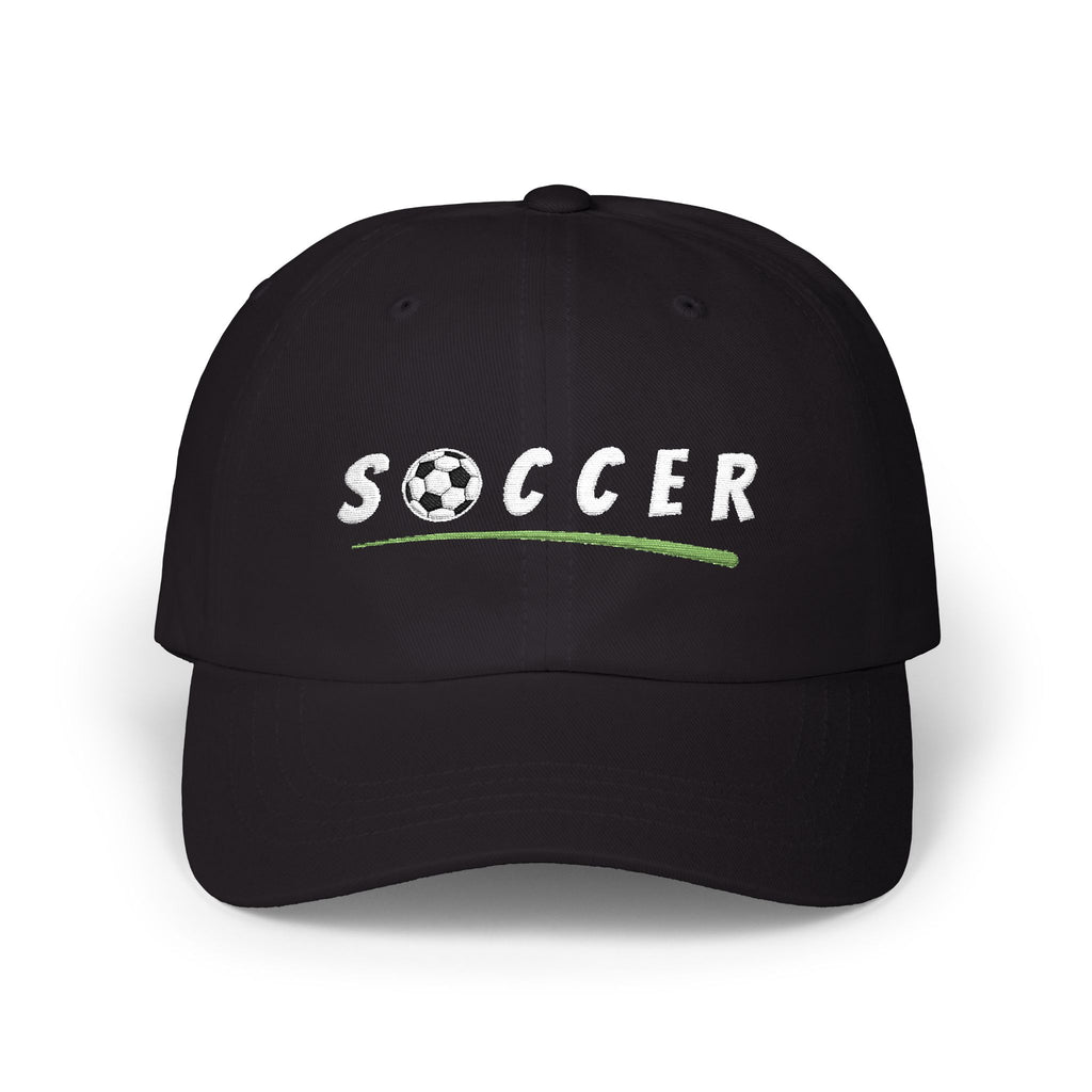 Black cap with an embroidered Soccer text and soccer ball.