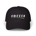 Black cap with an embroidered Soccer text and soccer ball.